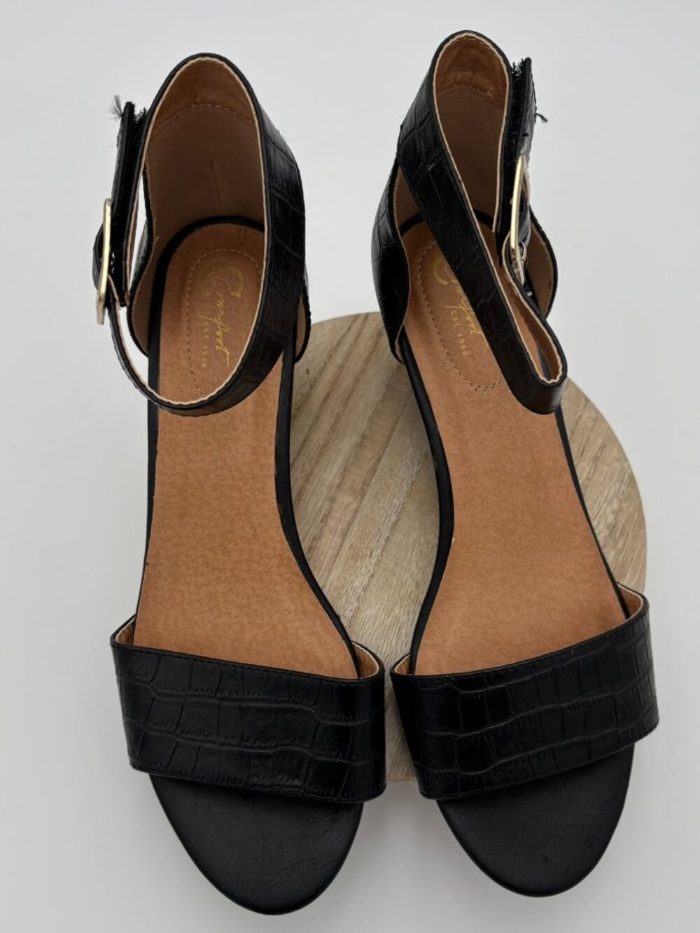 Black Faux Croc Ankle Strap Wedge Sandals Open Toe Low Platform Shoes 9M